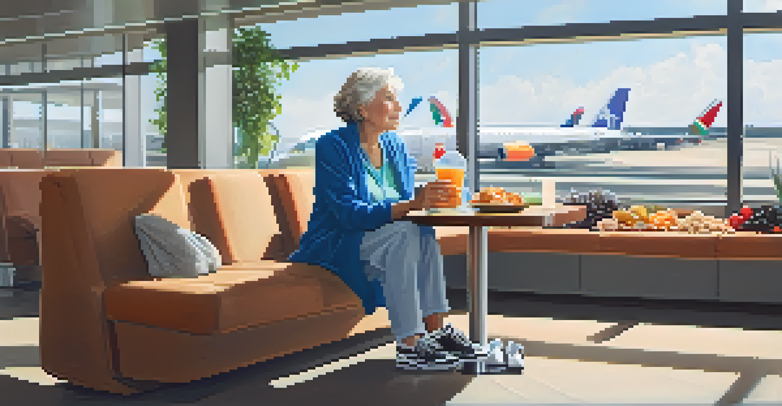 A senior woman is sitting in an airport lounge, drinking water from a reusable bottle with healthy snacks on the table, dressed comfortably.