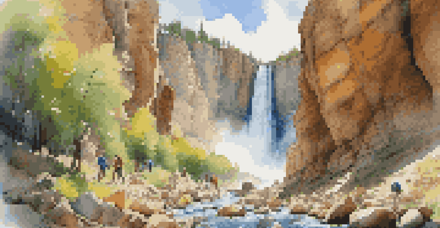A group of diverse hikers on a rocky trail with a waterfall and bright blue sky.