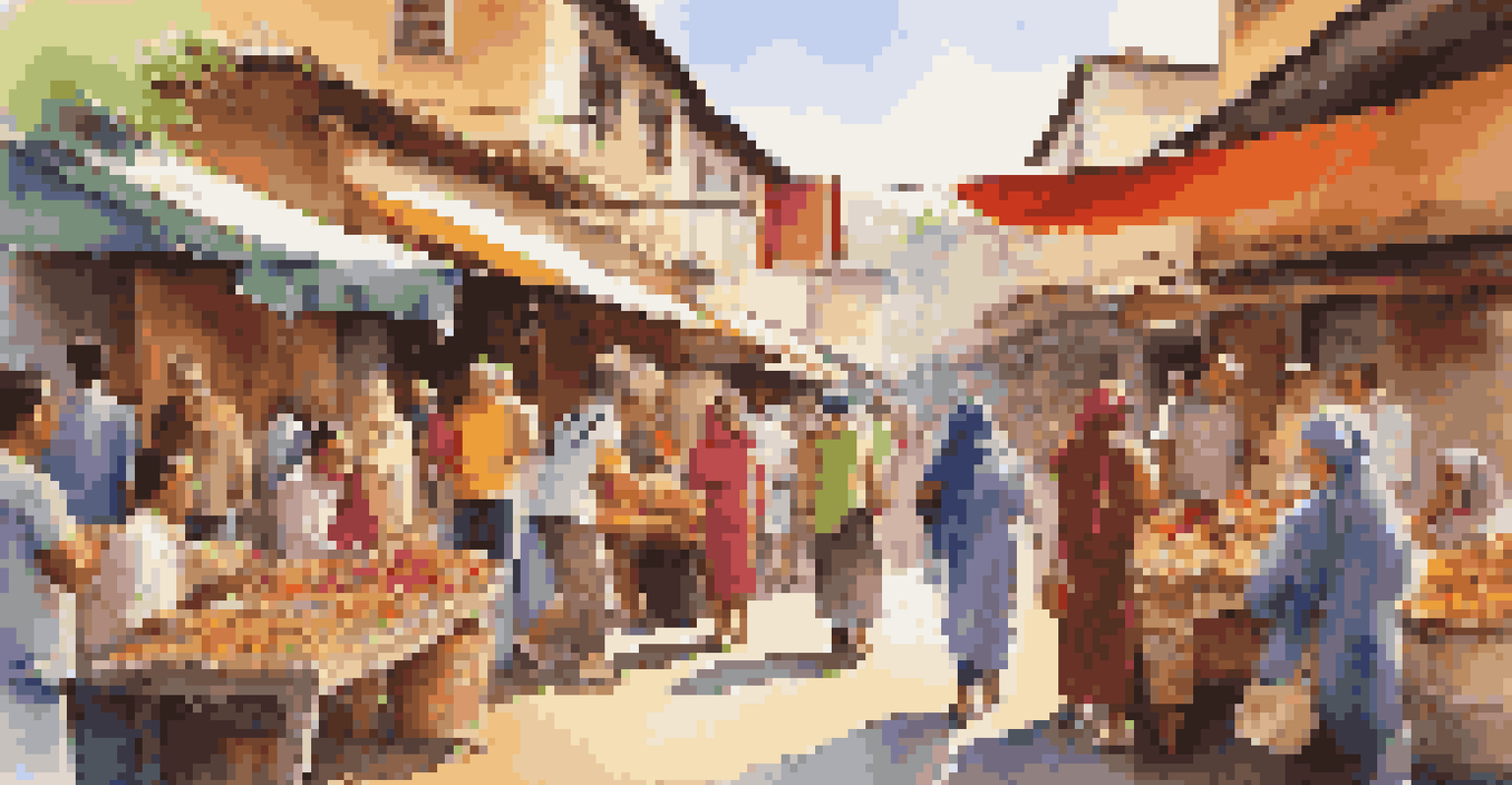 Travelers interacting with local artisans in a colorful market, surrounded by handmade crafts and textiles.