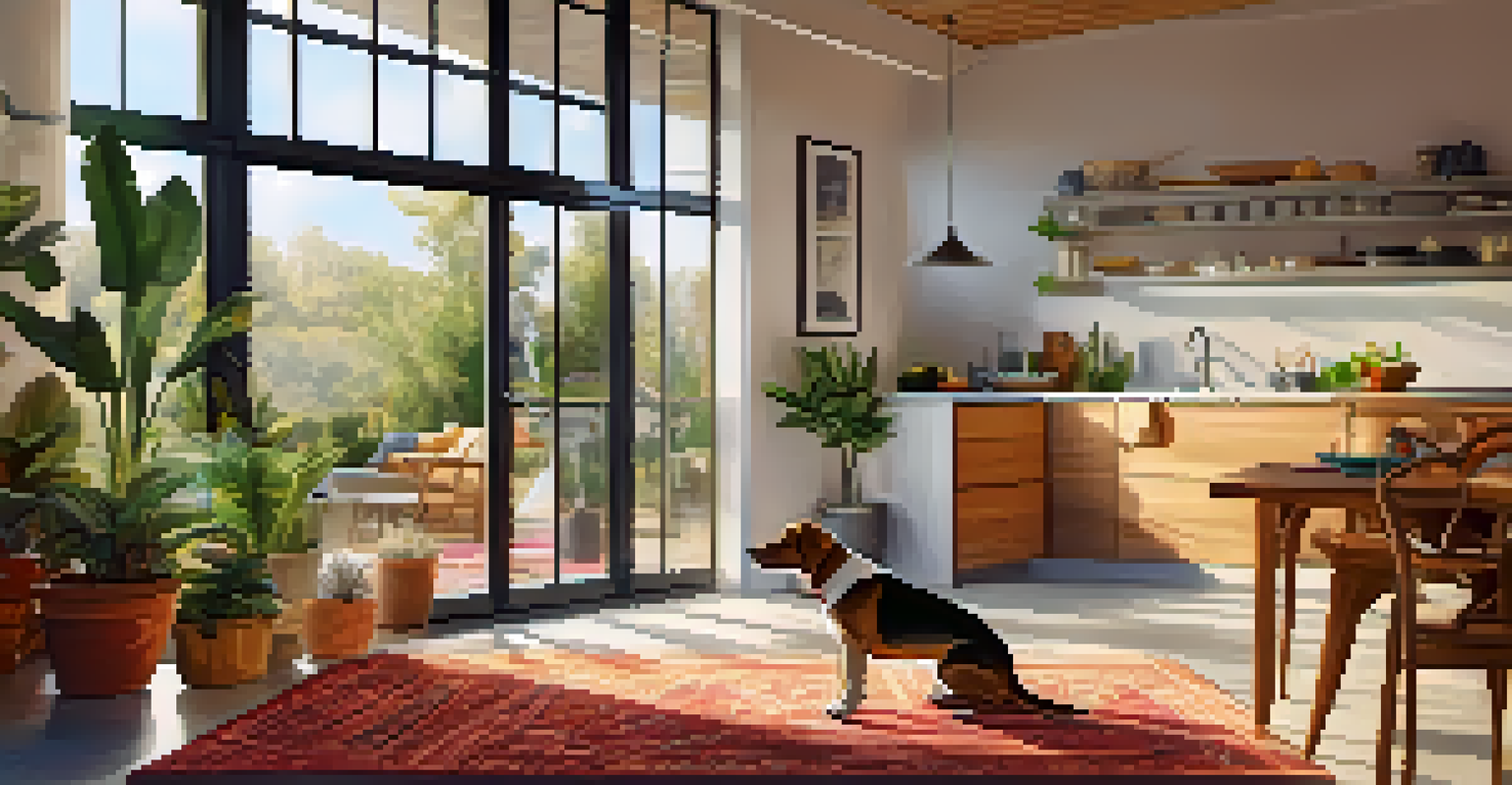 A vacation rental living room with a dog lounging on a rug and its owner in the kitchen.