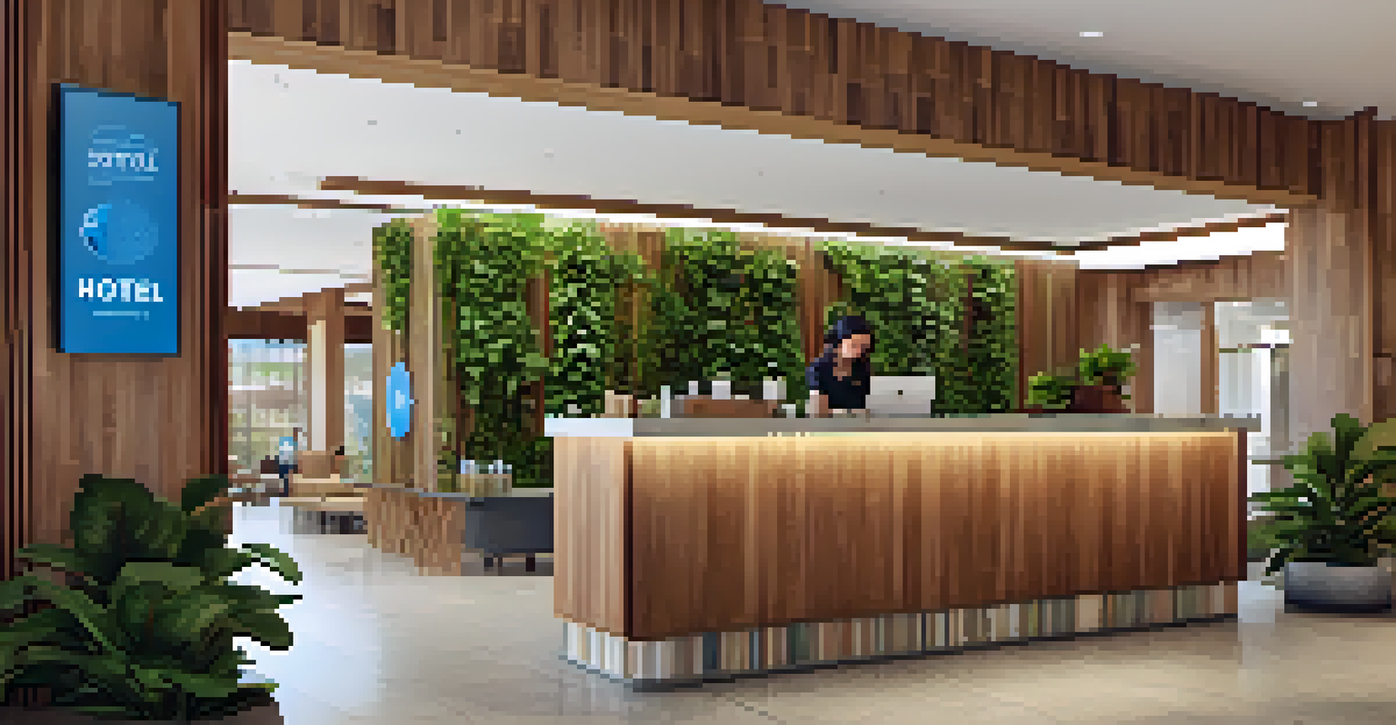 A welcoming hotel lobby with plants, wooden furniture, and a sign for water refill stations, emphasizing eco-friendly practices.