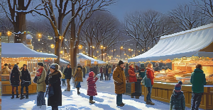 A winter food festival in Central Park with food stalls, people enjoying comfort food, and snow-covered trees.