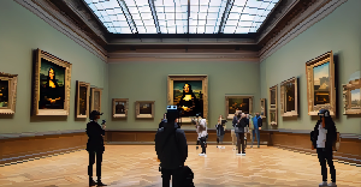 Visitors wearing VR headsets in the Louvre, enjoying a virtual tour of the Mona Lisa, surrounded by elegant gallery decor.