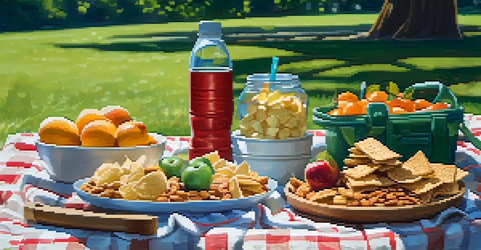An outdoor picnic scene with a blanket, vegetarian snacks, and a reusable water bottle in a green park.