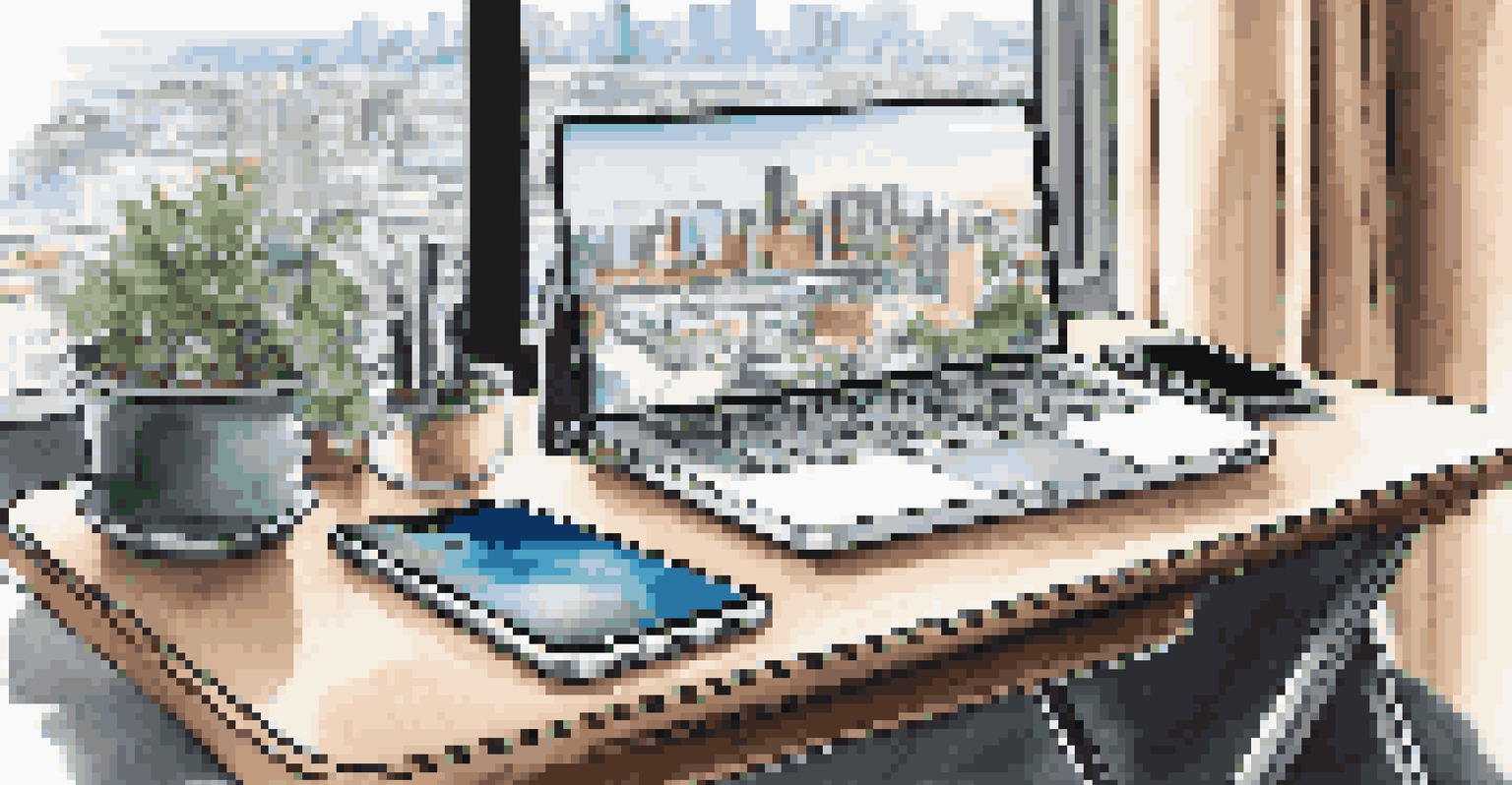 An organized travel workspace on a suitcase with a laptop stand, keyboard, and a city view outside the window.