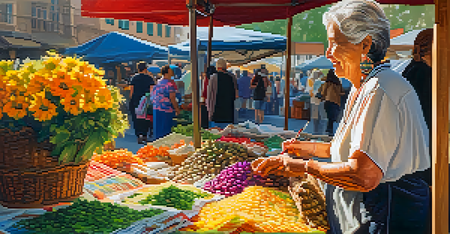 An older woman artist painting in a lively street market, surrounded by colorful stalls and warm light.
