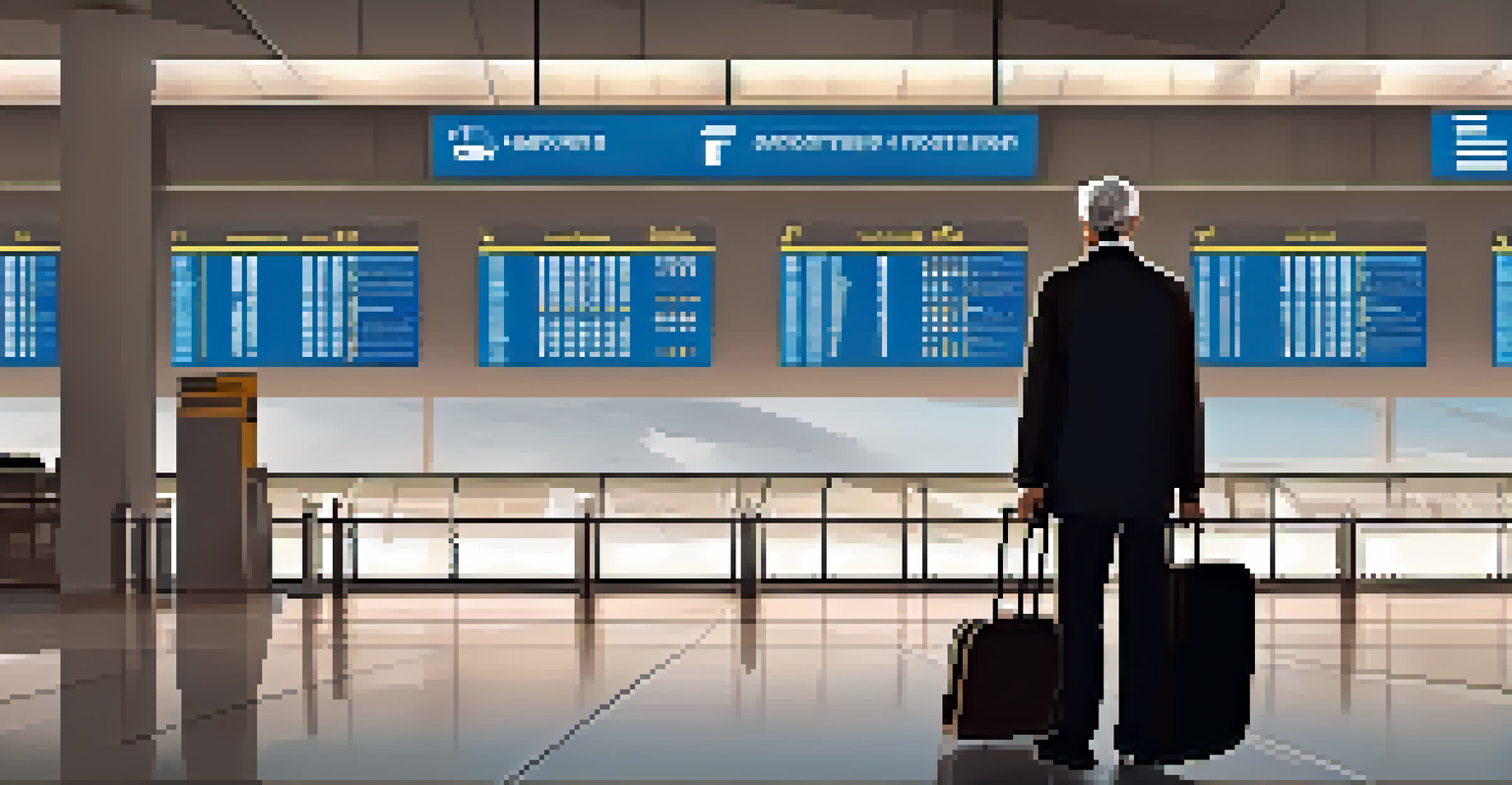 A senior traveler at an airport, looking at a flight information board, holding a suitcase and dressed in stylish travel attire.