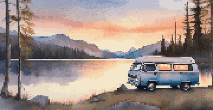 A peaceful scene of a van parked by a lake at sunset, with mountains in the background and a campfire nearby.