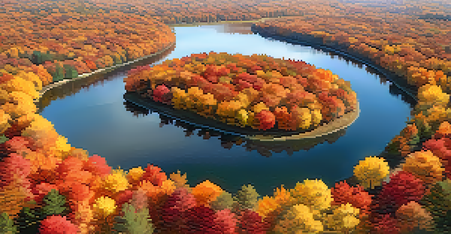 Aerial view of an autumn landscape with colorful trees, a winding path, and a tranquil lake.