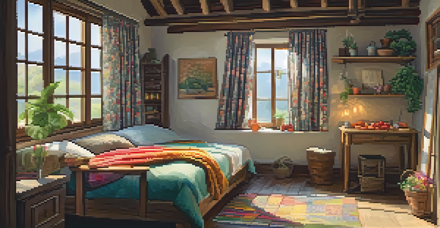 A charming guesthouse room with wooden beams, a cozy bed, and a kitchenette filled with fresh ingredients, illuminated by soft natural light.