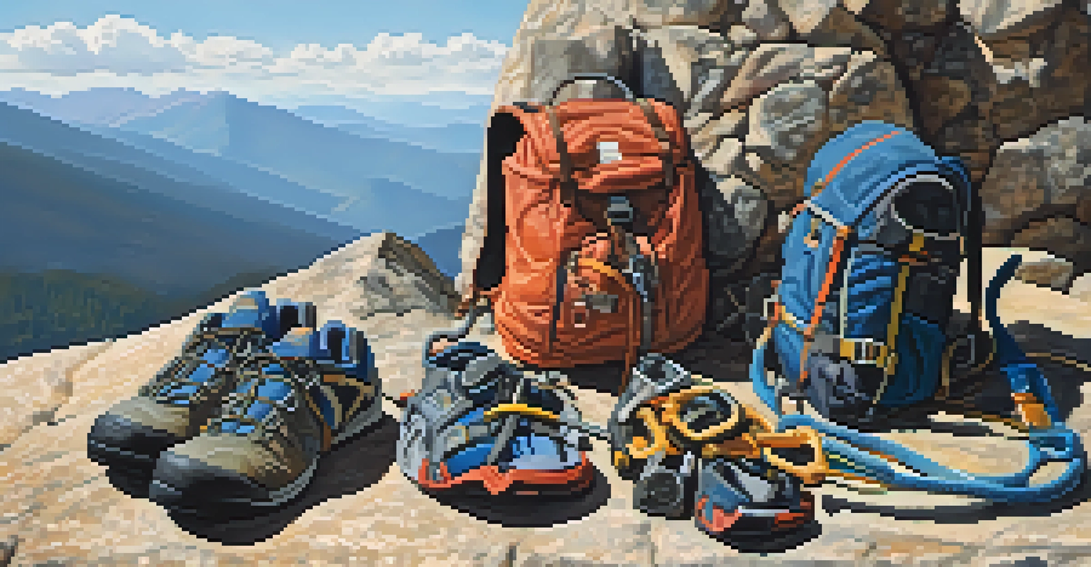 A close-up of climbing gear on a rocky surface with a blurred mountain backdrop.
