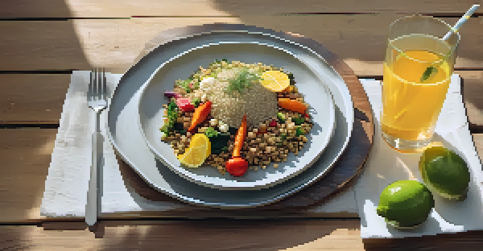 A gluten-free meal displayed on a wooden table, showcasing roasted vegetables and quinoa salad.