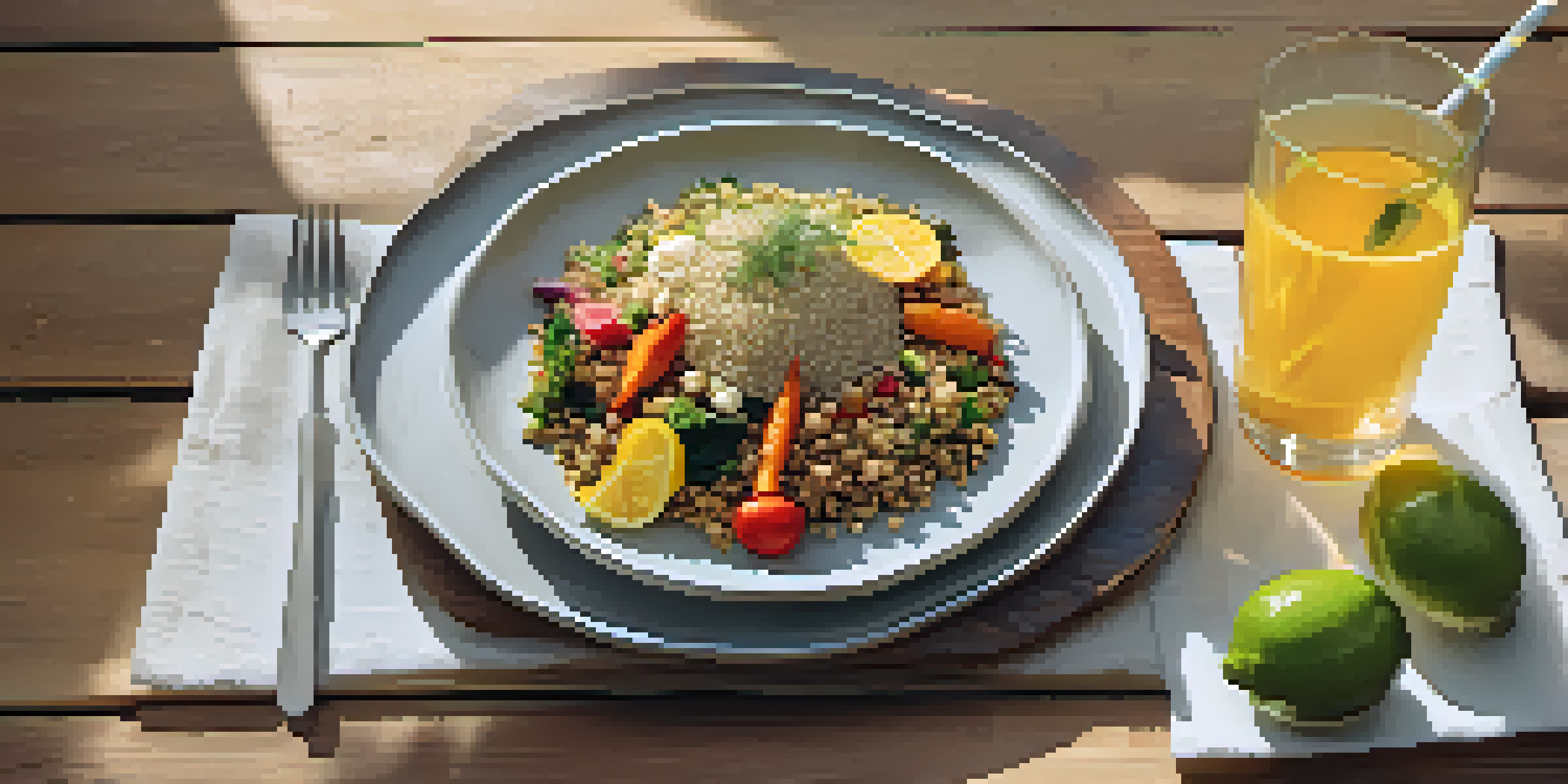 A gluten-free meal displayed on a wooden table, showcasing roasted vegetables and quinoa salad.