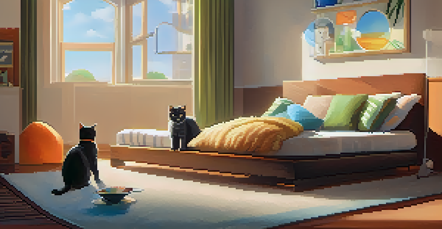 An inviting hotel room featuring a pet corner with a bed, toys, and a cat enjoying a sunny day.