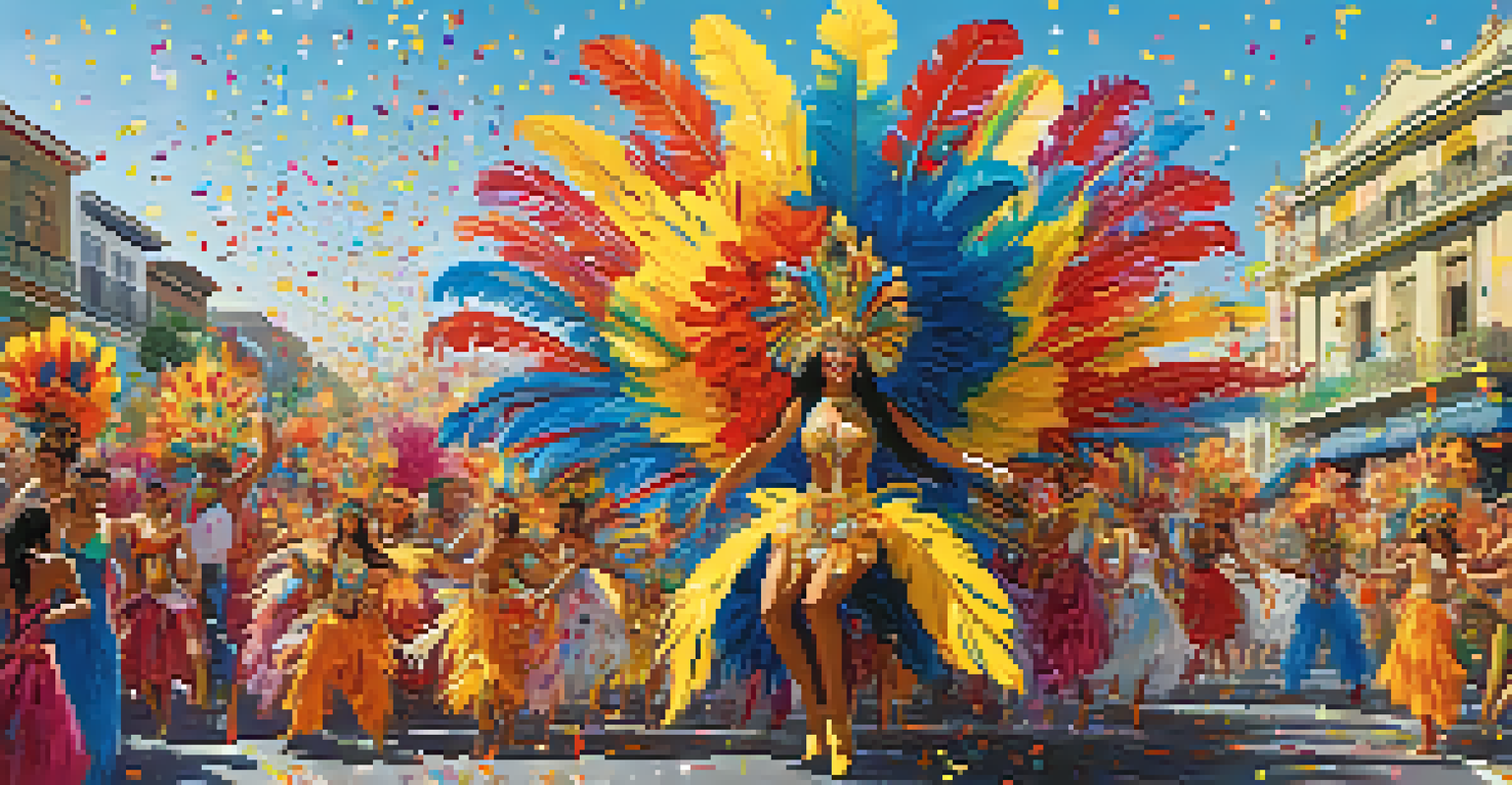 A colorful Carnival parade in Brazil with dancers in feathered costumes and decorated floats.