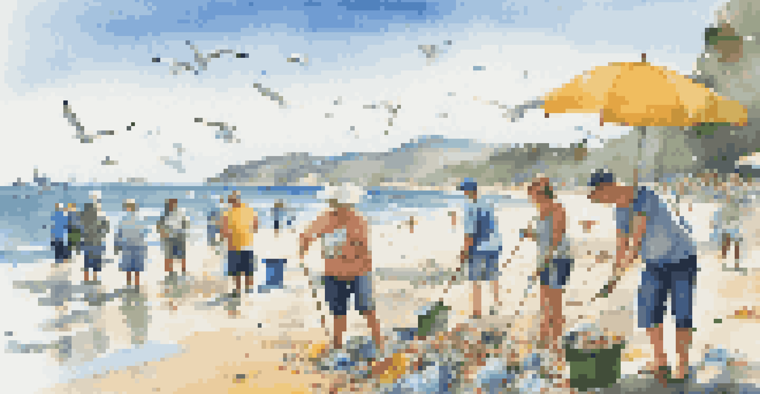 Tourists and locals cleaning up a beach under a blue sky, promoting environmental awareness.