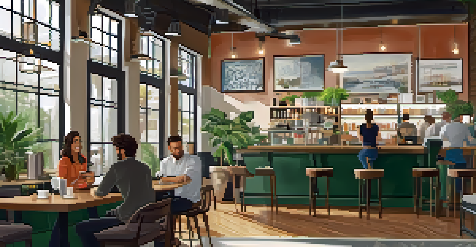 A cozy coffee shop interior with bright sunlight, friends talking at a table, and a barista making coffee.