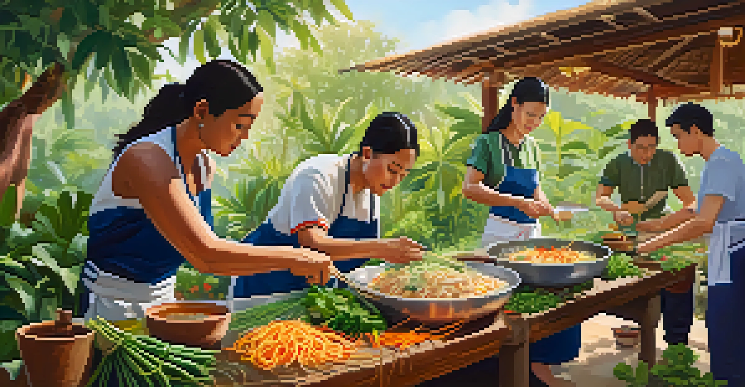 A Thai cooking class in a garden setting, with an instructor teaching participants how to prepare Pad Thai surrounded by fresh ingredients.