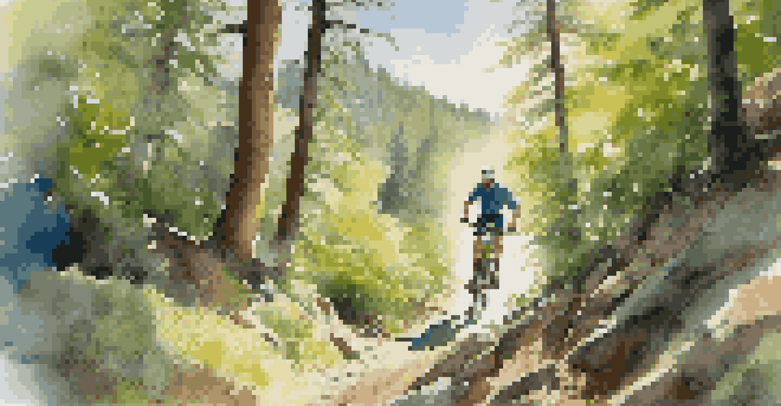 A mountain biker racing down a trail in a sunny forest, surrounded by greenery and rocky terrain.