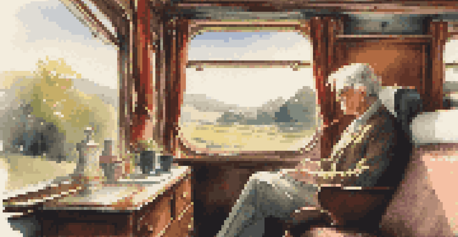 An inviting train carriage with comfortable seating and large windows showing a beautiful countryside view, with passengers enjoying their journey.