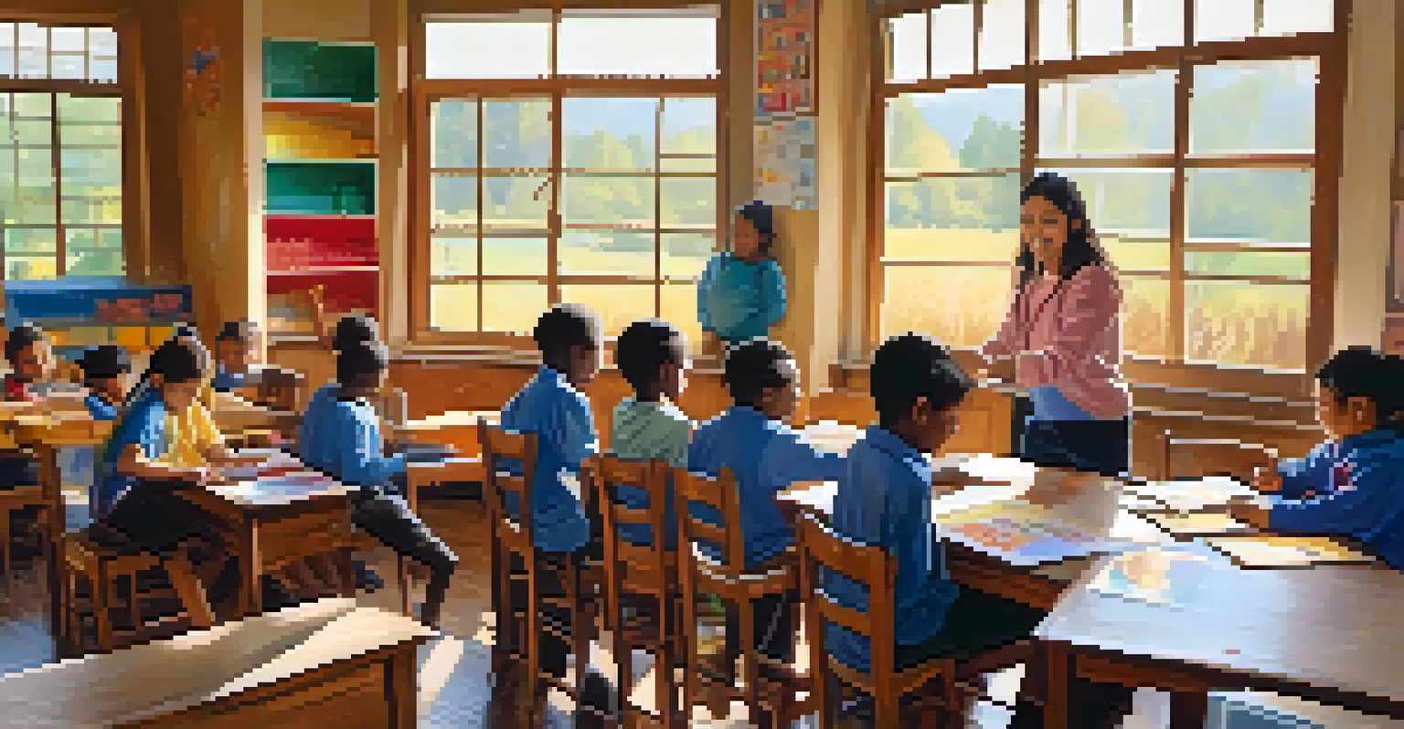 A volunteer teaching children in a colorful rural classroom, depicting a joyful learning environment filled with engaged students.
