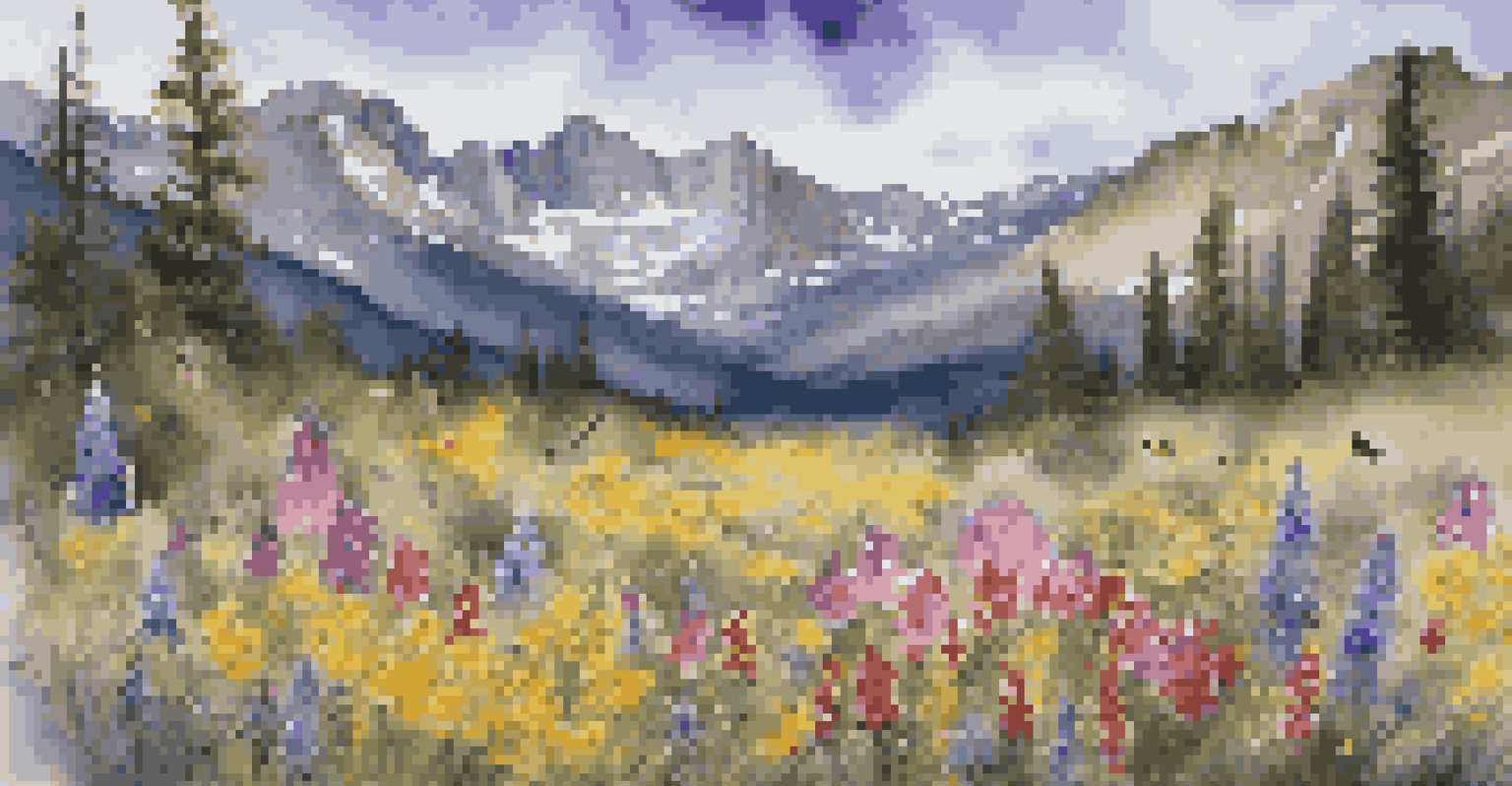 A colorful array of wildflowers with mountains in the background, and bees and butterflies hovering around the flowers.