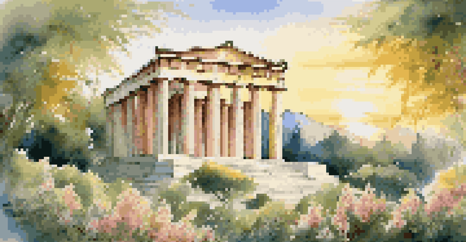 A grand ancient Greek temple made of white marble, surrounded by greenery and flowers, with a warm sunset casting golden light on the structure.