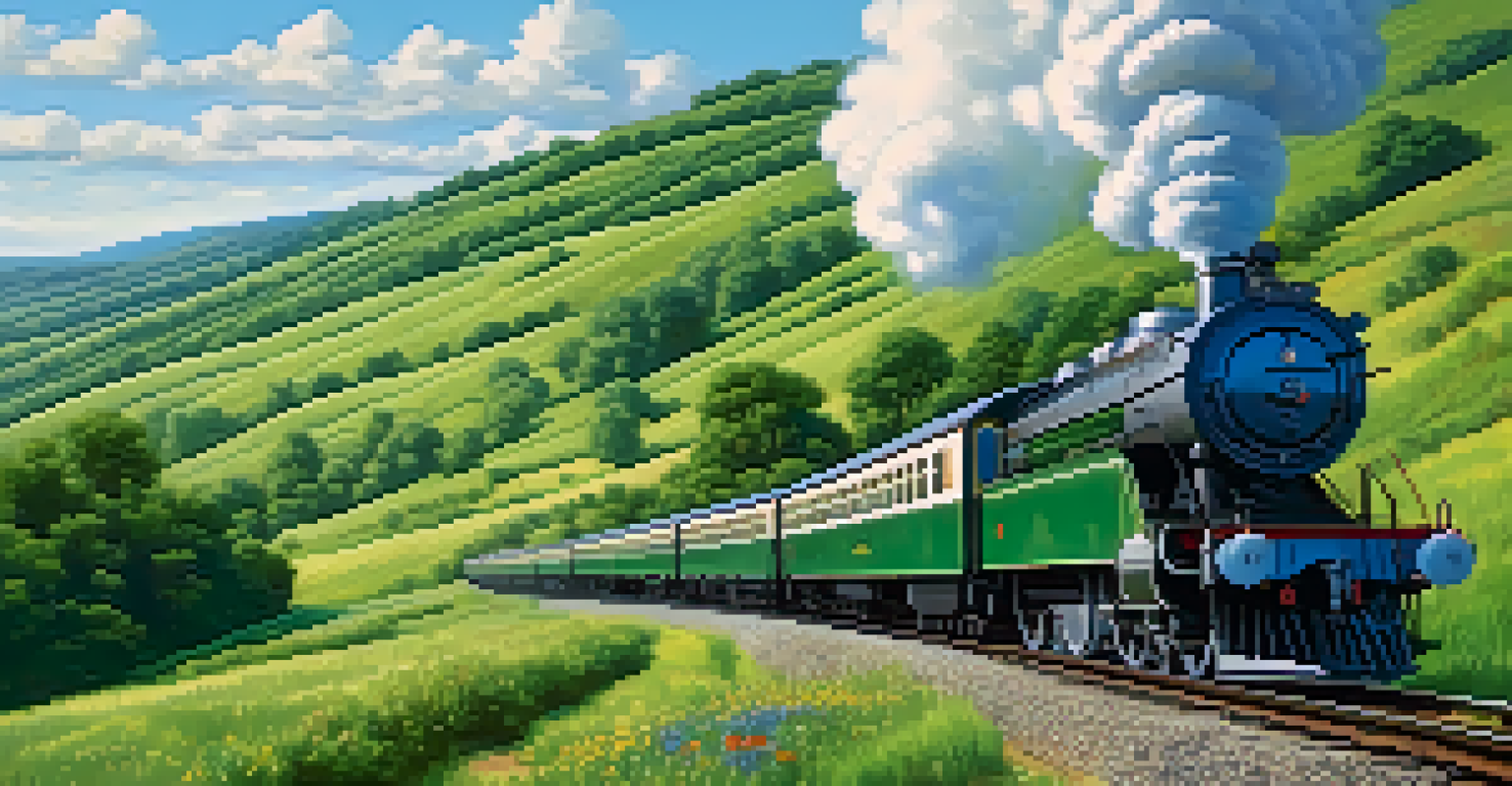 A picturesque train moving through green hills and wildflowers under a bright blue sky.