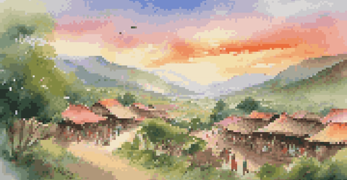 A traveler interacting with local artisans in a green valley during a sunset, with colorful stalls of handcrafted goods.