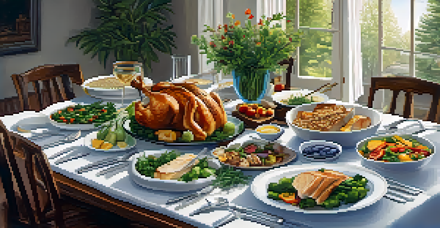 A beautifully arranged dining table with healthy dishes, including salad and grilled chicken, set in a cozy atmosphere.