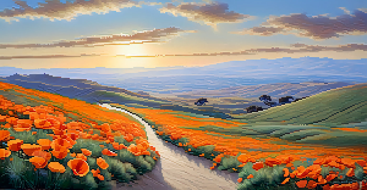 A scenic view of the California Poppy Reserve with bright orange poppies blooming across rolling hills, inviting exploration.