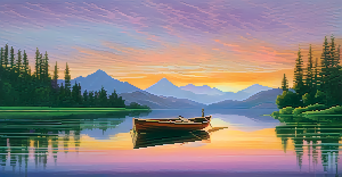 A beautiful sunset over a calm lake surrounded by mountains, with colorful reflections in the water and a wooden rowboat in the foreground.