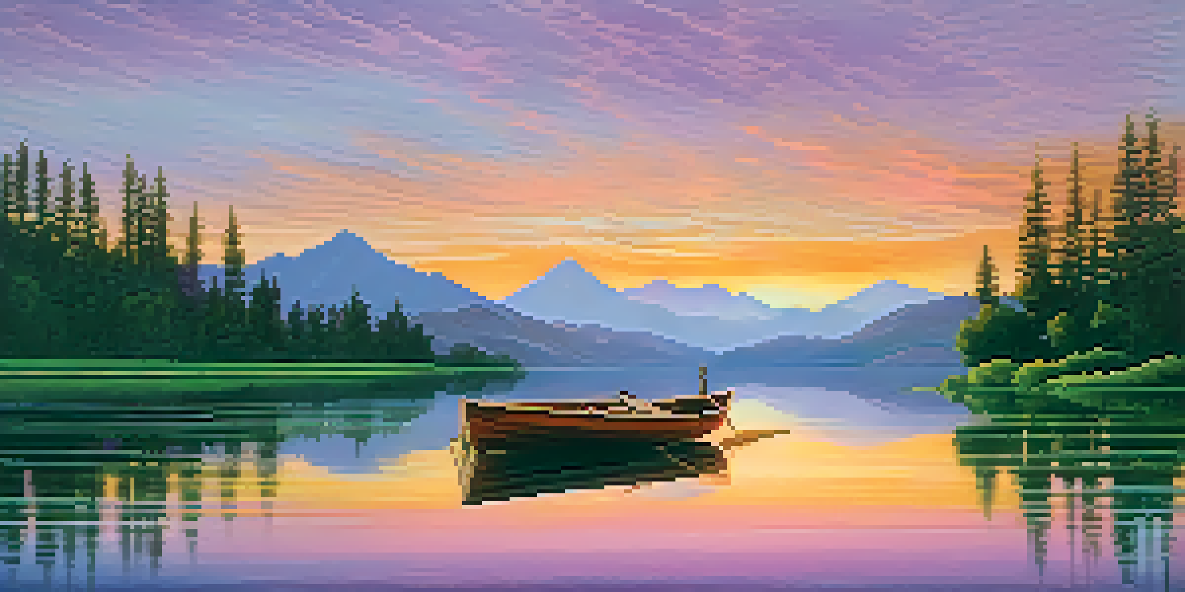 A beautiful sunset over a calm lake surrounded by mountains, with colorful reflections in the water and a wooden rowboat in the foreground.
