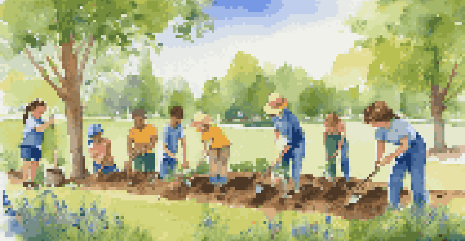 Campers planting trees in a park, promoting sustainability and community engagement in a beautiful outdoor setting.