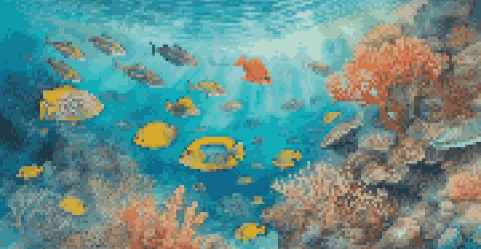 An aerial view of a colorful coral reef with fish in clear water, showcasing the beauty of marine life.