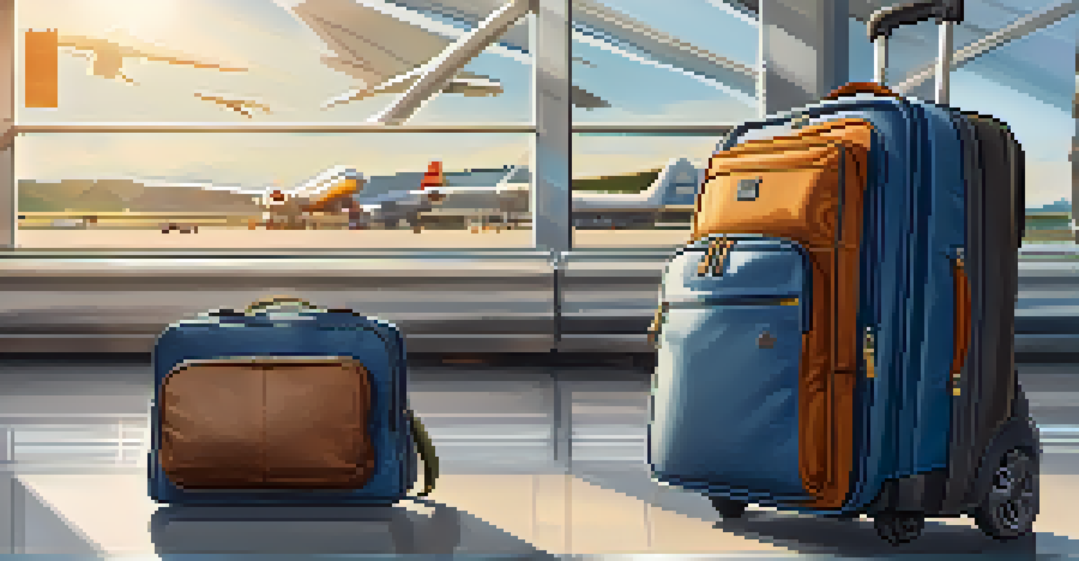 A sturdy backpack and a wheeled suitcase in an airport, highlighting their features with compartments and packing cubes, under bright lighting.