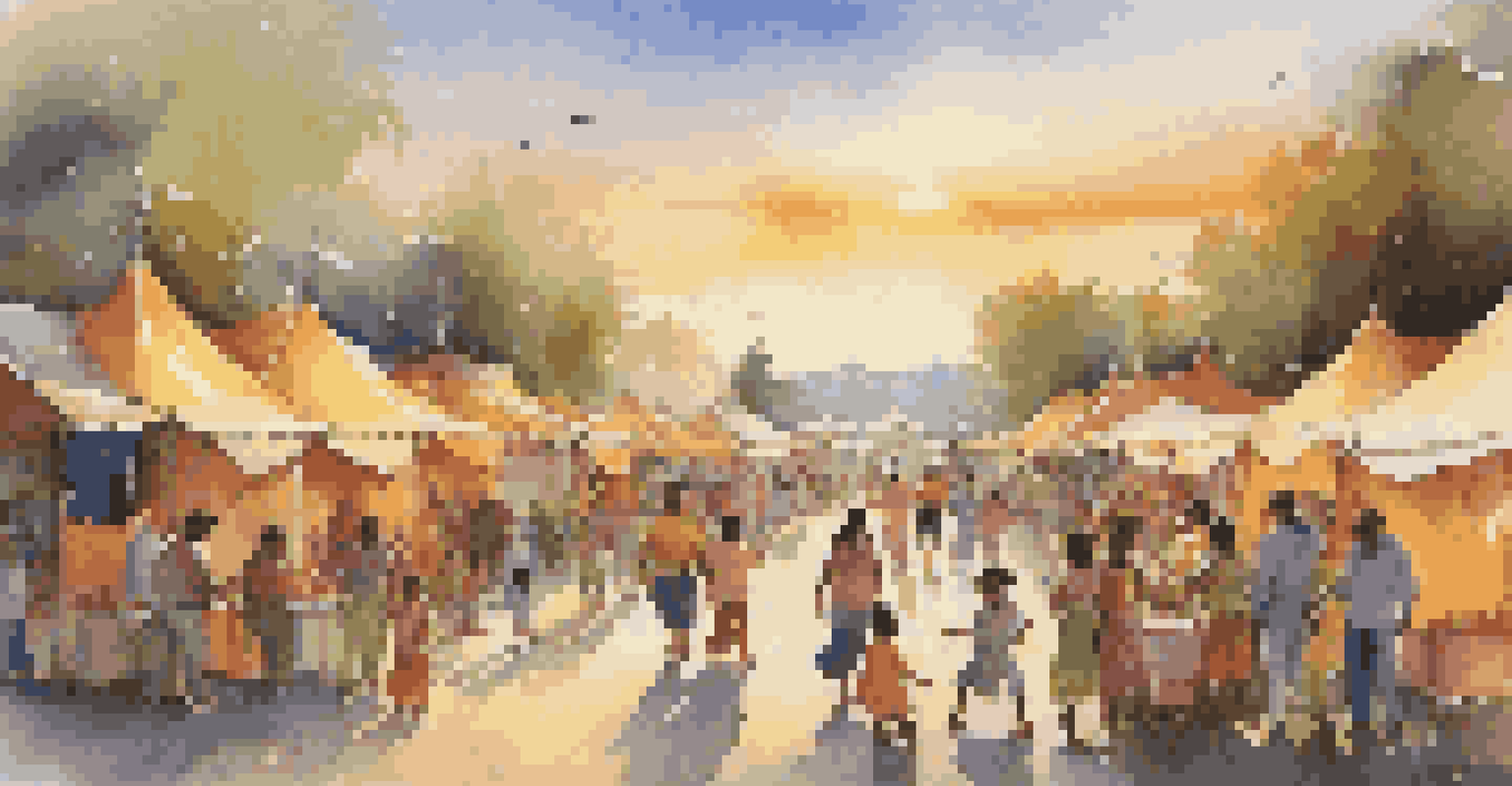 Families enjoying a lively local festival with colorful tents, food stalls, and children playing games.