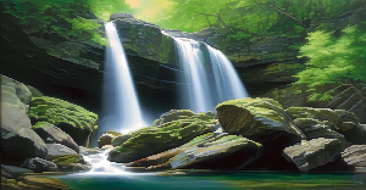 A waterfall cascading down a rocky cliff with smooth water and lush greenery.