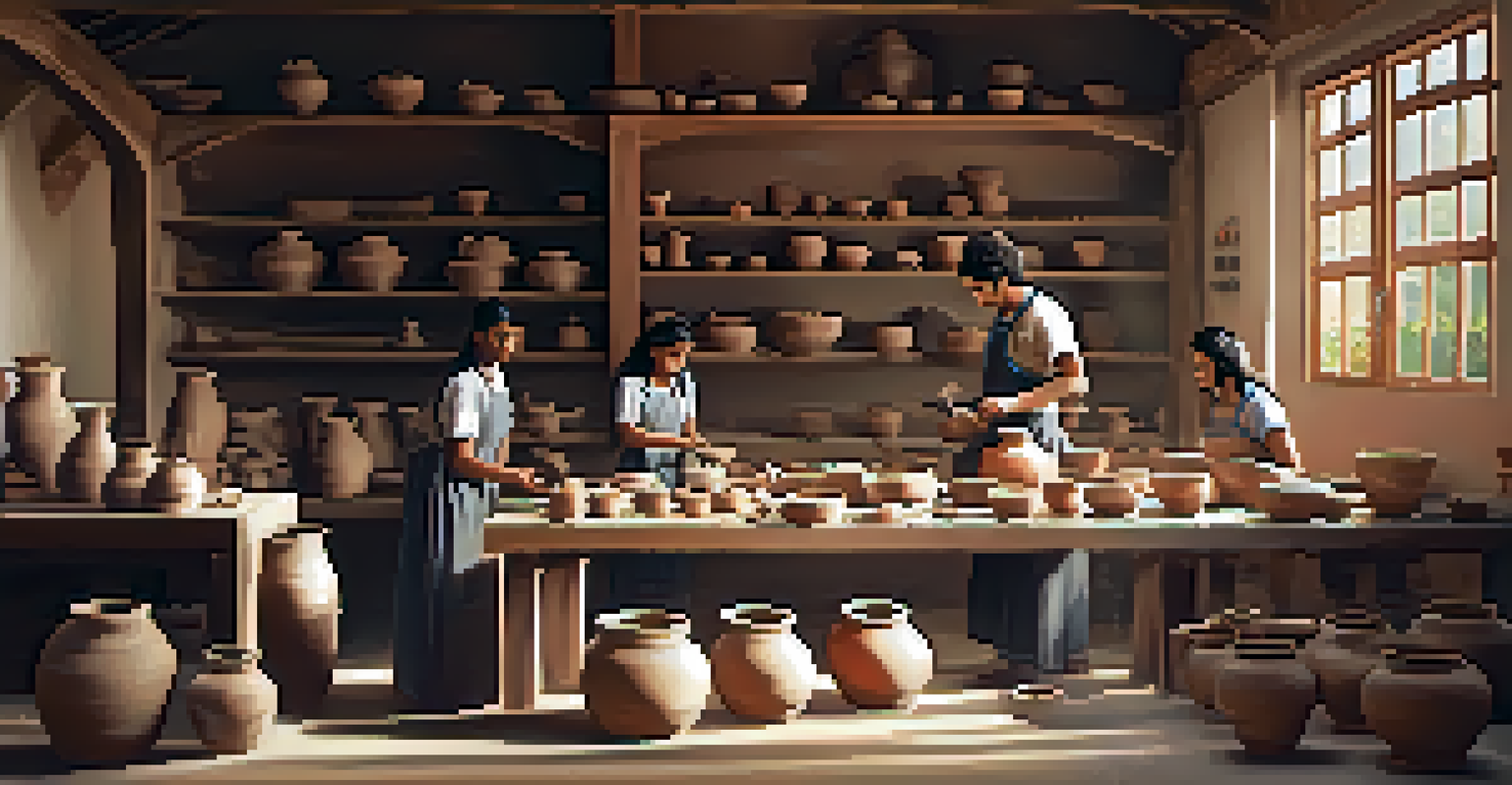 A pottery workshop with an artisan teaching a group of learners in a bright and inviting space.