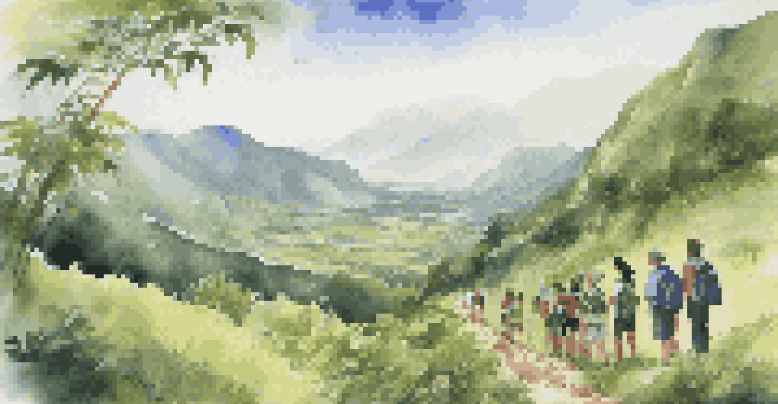 A local guide leading travelers on a hike through a lush landscape, with mountains in the background.