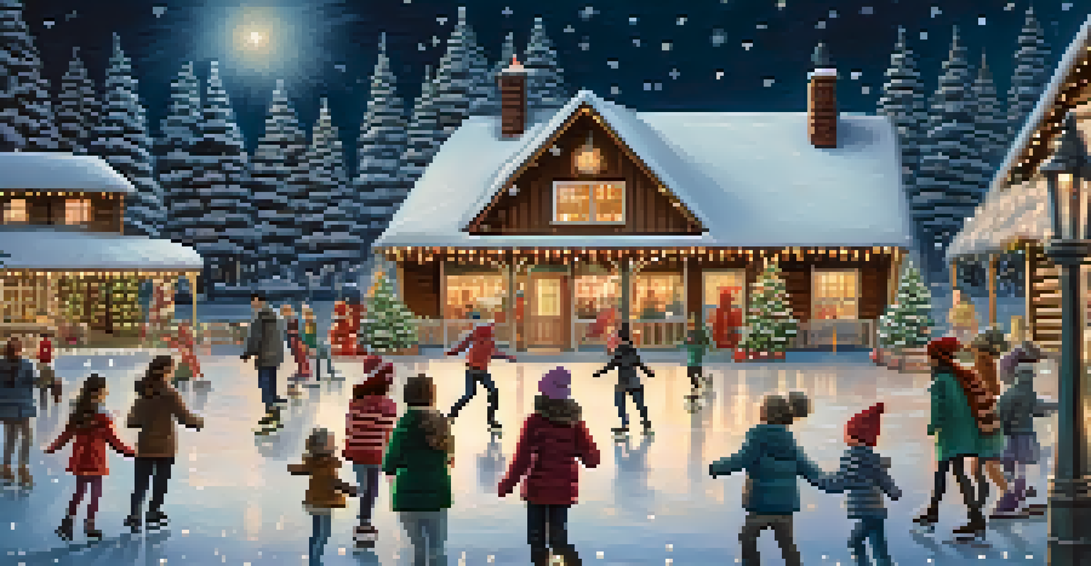 An outdoor ice skating rink filled with people skating, decorated with fairy lights and a cozy cabin in the background.