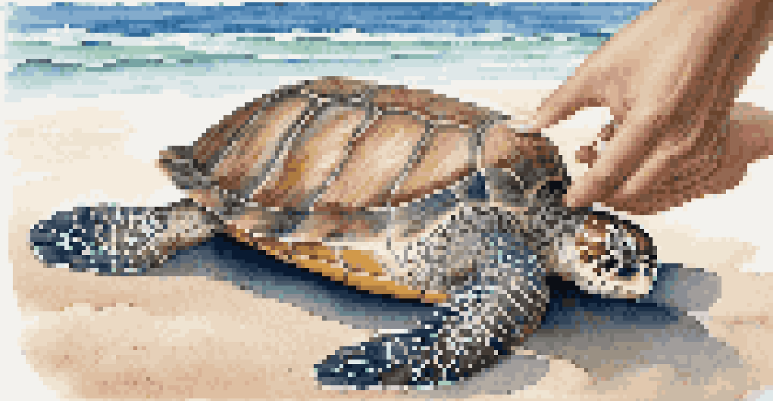 Volunteer rehabilitating an injured sea turtle on a sandy beach, with ocean in the background.