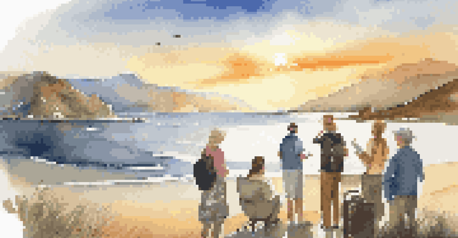 A travel planner guiding a group of happy tourists in a beautiful outdoor location during sunset.