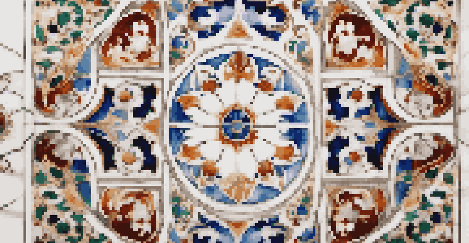 A detailed close-up of the inlay work on the Taj Mahal's marble, featuring colorful floral patterns.