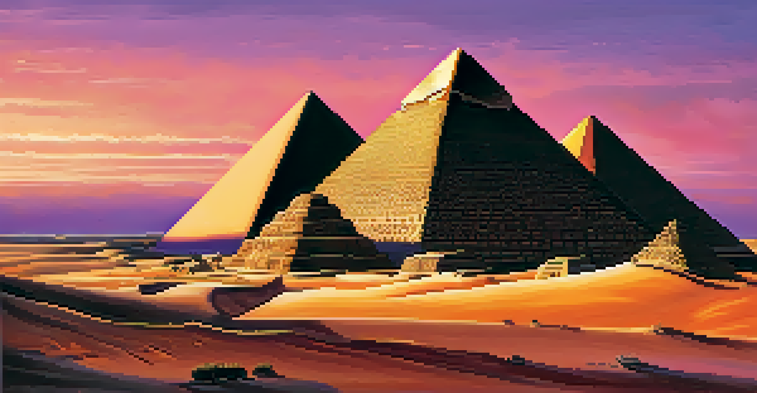 The Pyramids of Egypt silhouetted against a vibrant sunset sky, with sandy terrain and intricate stone details.