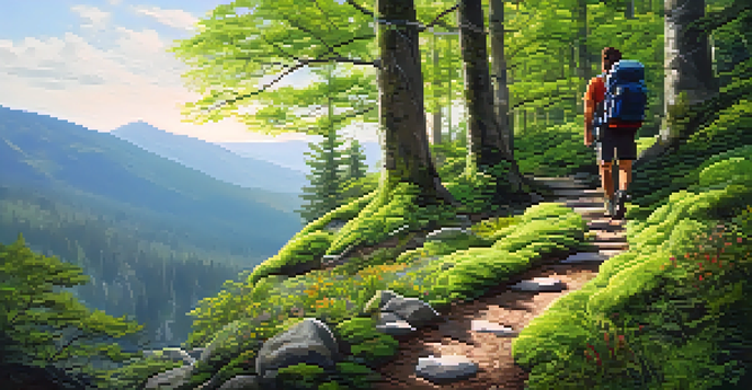 A hiker on a green forest trail surrounded by sunlight filtering through leaves and colorful wildflowers.