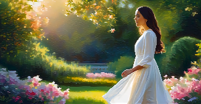 A woman in a white dress stands in a vibrant green park during golden hour, with soft light on her face and colorful flowers around her.