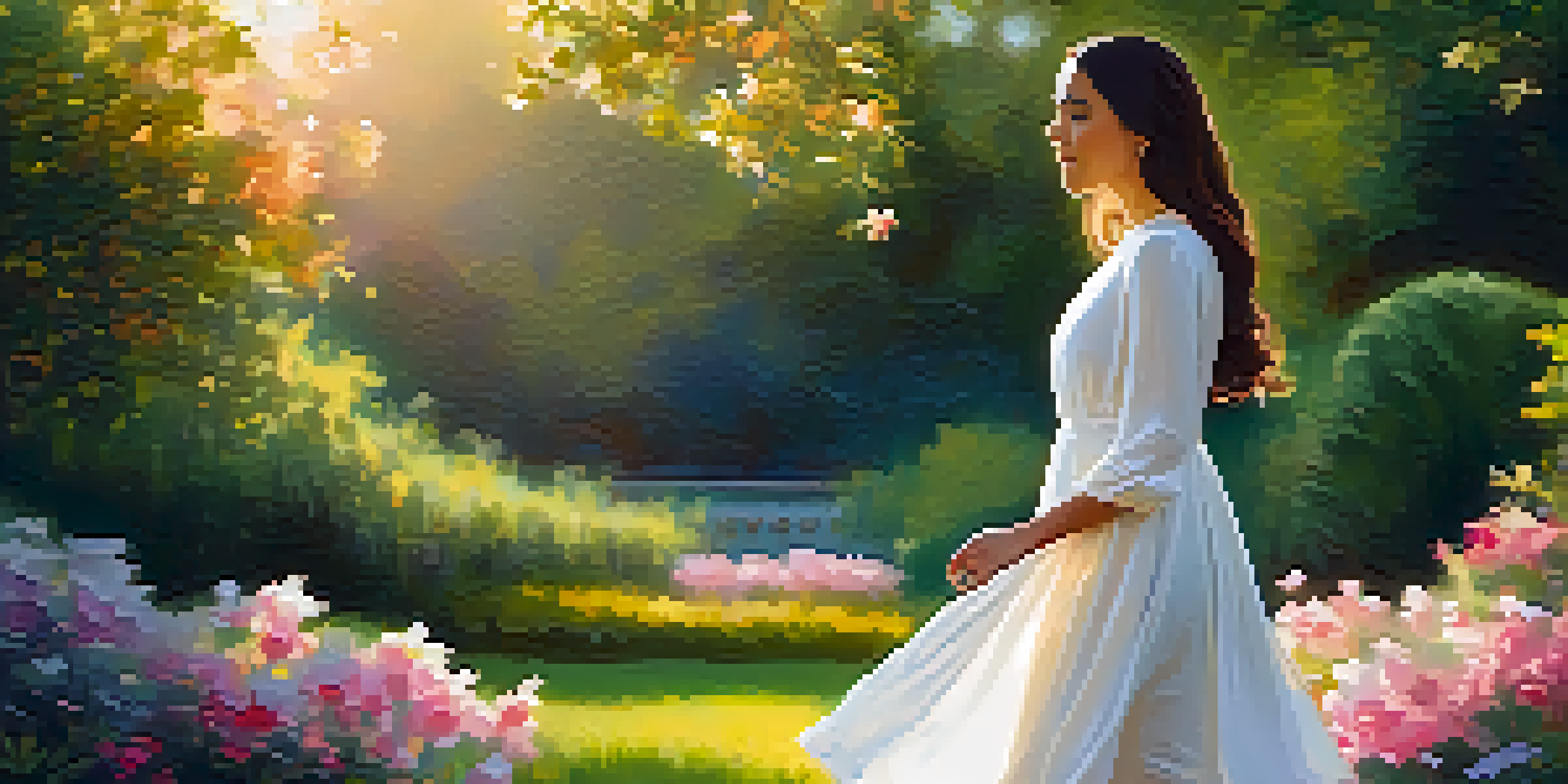 A woman in a white dress stands in a vibrant green park during golden hour, with soft light on her face and colorful flowers around her.