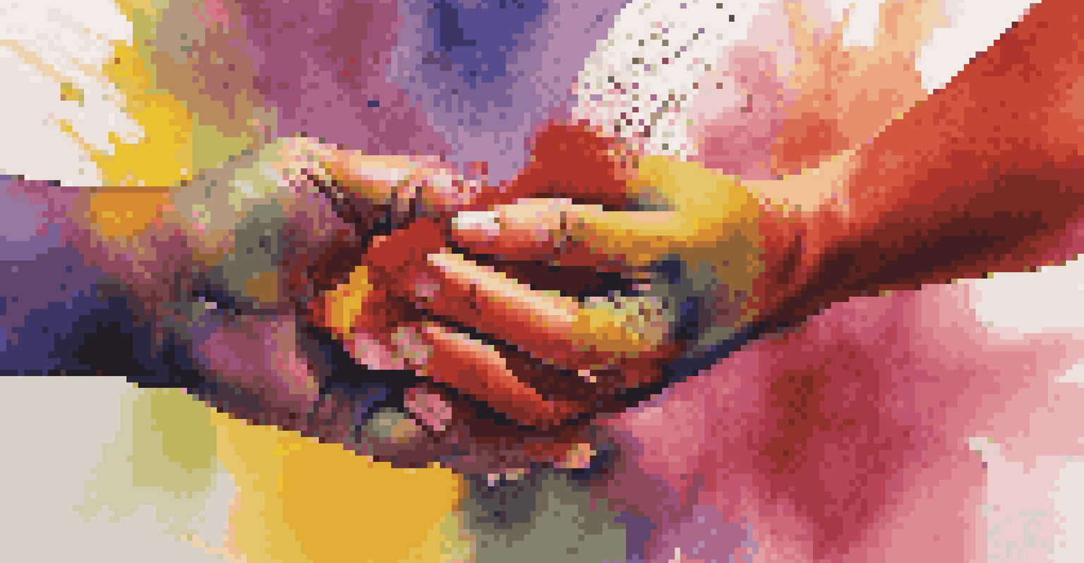 Hands applying colorful gulal on each other during the Holi festival, with blurred figures celebrating in the background.