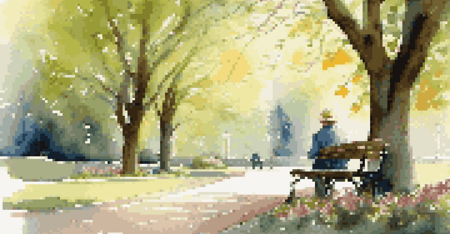 A traveler sitting on a bench in a park, writing in a journal surrounded by greenery and flowers, with soft sunlight filtering through the trees.